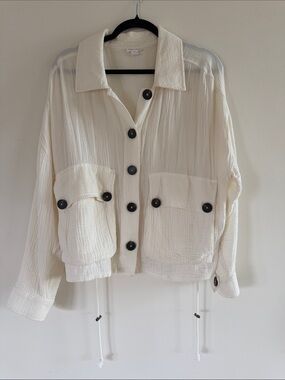 Tribal Cream Button-Front Utility Shirt Jacket with Black Buttons